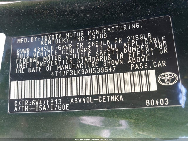 46021600 :رقم المزاد ، 4T1BF3EK9AU539547 vin ، 2010 Toyota Camry Le مزاد بيع
