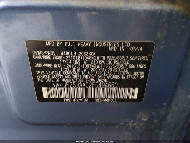 Продаж на аукціоні авто 2015 Subaru Forester 2.5i, vin: JF2SJAAC2FG494660, номер лоту: 46021621