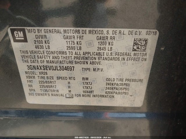 Aukcja sprzedaży 2018 Chevrolet Equinox Lt, vin: 3GNAXSEV0JL304697, numer aukcji: 46021628