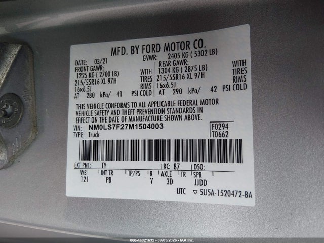 Продажа на аукционе авто 2021 Ford Transit Connect Xlt, vin: NM0LS7F27M1504003, номер лота: 46021632