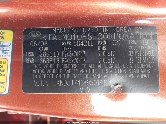 46021645 :رقم المزاد ، KNDJJ741895014113 vin ، 2009 Kia Borrego Ex V6 مزاد بيع