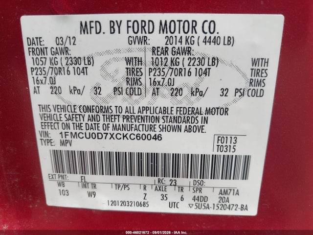 46021672 :رقم المزاد ، 1FMCU0D7XCKC60046 vin ، 2012 Ford Escape Xlt مزاد بيع
