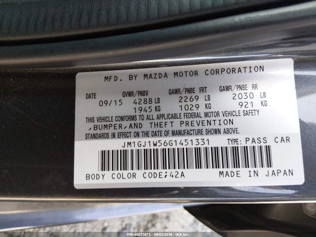 Aukcja sprzedaży 2016 Mazda Mazda6 I Grand Touring, vin: JM1GJ1W56G1451331, numer aukcji: 46021673