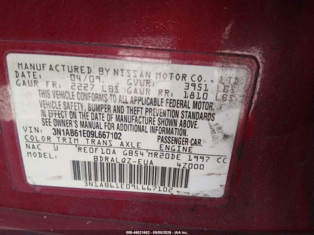 2009 Nissan Sentra 2.0 მანქანა იყიდება აუქციონზე, vin: 3N1AB61E09L667102, აუქციონის ნომერი: 46021682