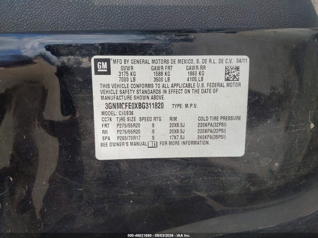 2011 Chevrolet Avalanche 1500 Lt1 მანქანა იყიდება აუქციონზე, vin: 3GNMCFE0XBG311820, აუქციონის ნომერი: 46021690
