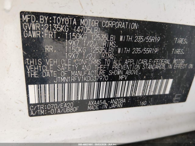 Aukcja sprzedaży 2019 Toyota Rav4 Limited, vin: JTMN1RFV1KD037970, numer aukcji: 46021691