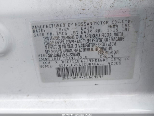 46021695 :رقم المزاد ، 3N1CN8FVXSL829599 vin ، 2025 Nissan Versa 1.6 Sr مزاد بيع