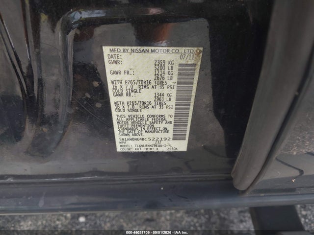 Продажа на аукционе авто 2011 Nissan Xterra S, vin: 5N1AN0NU4BC522192, номер лота: 46021709