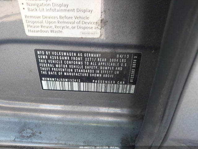 46021712 :رقم المزاد ، WVWNM7AJ5DW132412 vin ، 2013 Volkswagen Golf 2.0l Tdi 4-door مزاد بيع