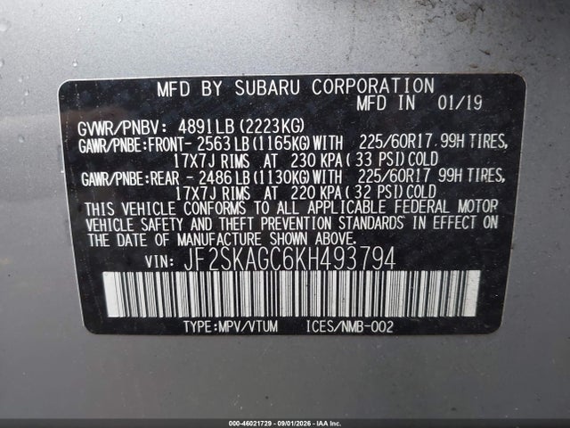 46021729 :رقم المزاد ، JF2SKAGC6KH493794 vin ، 2019 Subaru Forester Premium مزاد بيع