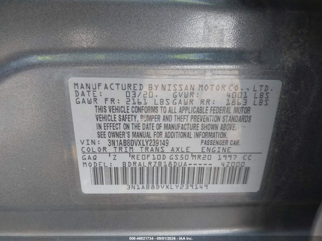 46021734 :رقم المزاد ، 3N1AB8DVXLY239149 vin ، 2020 Nissan Sentra Sr Xtronic Cvt مزاد بيع