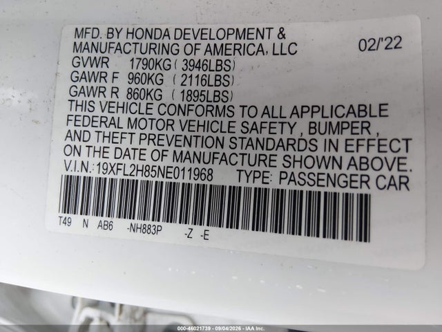 Продажа на аукционе авто 2022 Honda Civic Sport, vin: 19XFL2H85NE011968, номер лота: 46021739