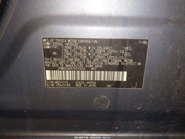 Aukcja sprzedaży 2007 Toyota Rav4, vin: JTMBD33V475070636, numer aukcji: 46021740