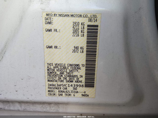 Продажа на аукционе авто 2015 Nissan Altima 2.5 Sv, vin: 1N4AL3AP5FC143998, номер лота: 46021750