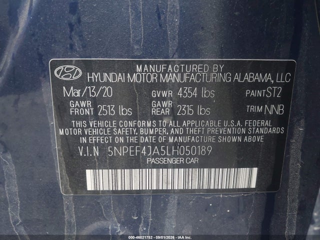 46021752 :رقم المزاد ، 5NPEF4JA5LH050189 vin ، 2020 Hyundai Sonata Sel مزاد بيع