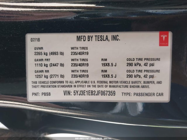 Tesla Model 3 Long Range/performance 2018 5YJ3E1EB2JF067359 Image 9