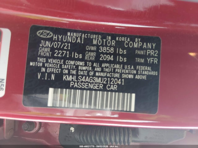 Продажа на аукционе авто 2021 Hyundai Elantra Sel, vin: KMHLS4AG3MU212041, номер лота: 46021770