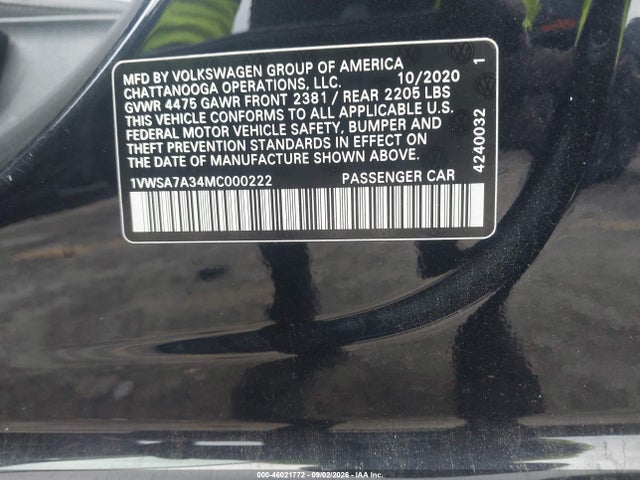 Продаж на аукціоні авто 2021 Volkswagen Passat 2.0t Se, vin: 1VWSA7A34MC000222, номер лоту: 46021772