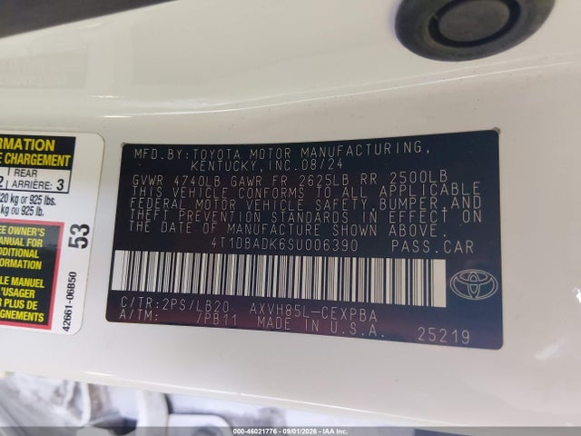 46021776 :رقم المزاد ، 4T1DBADK6SU006390 vin ، 2025 Toyota Camry Xse مزاد بيع
