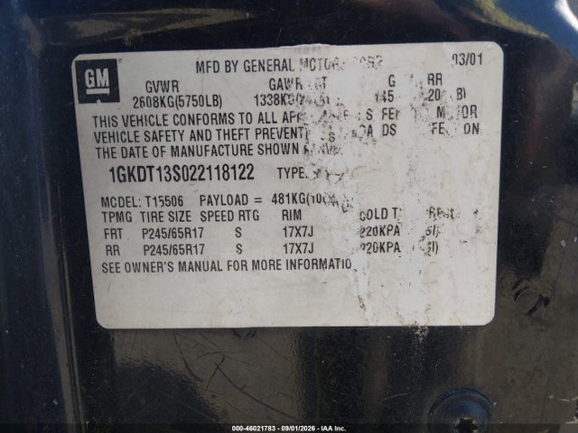 Aukcja sprzedaży 2002 Gmc Envoy Slt, vin: 1GKDT13S022118122, numer aukcji: 46021783