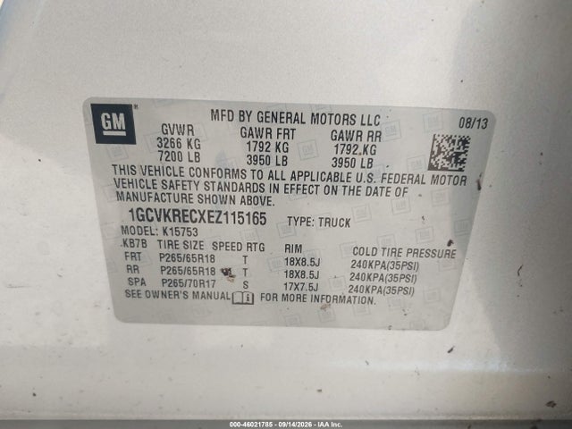 46021785 :رقم المزاد ، 1GCVKRECXEZ115165 vin ، 2014 Chevrolet Silverado 1500 Lt مزاد بيع