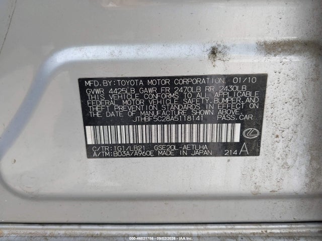 46021786 :رقم المزاد ، JTHBF5C28A5118141 vin ، 2010 Lexus Is 250 مزاد بيع