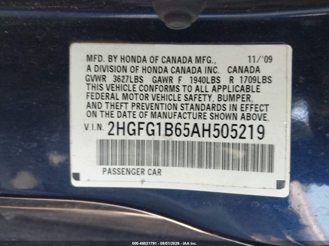 Продаж на аукціоні авто 2010 Honda Civic Lx, vin: 2HGFG1B65AH505219, номер лоту: 46021791