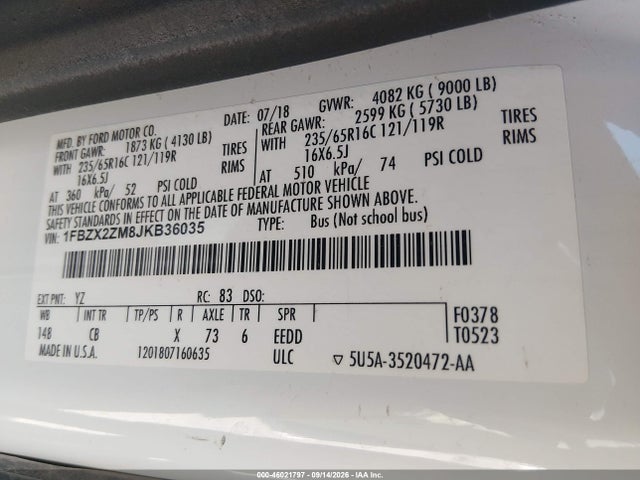 46021797 :رقم المزاد ، 1FBZX2ZM8JKB36035 vin ، 2018 Ford Transit-350 Xl مزاد بيع