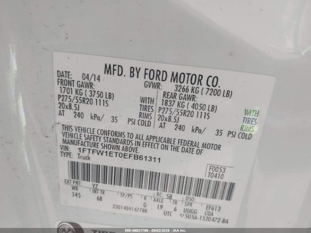 46021799 :رقم المزاد ، 1FTFW1ET0EFB61311 vin ، 2014 Ford F-150 Fx4 مزاد بيع