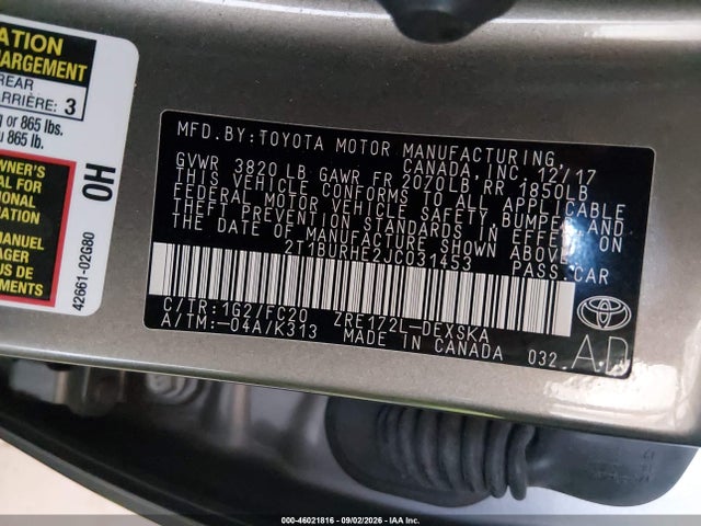 Aukcja sprzedaży 2018 Toyota Corolla Se, vin: 2T1BURHE2JC031453, numer aukcji: 46021816