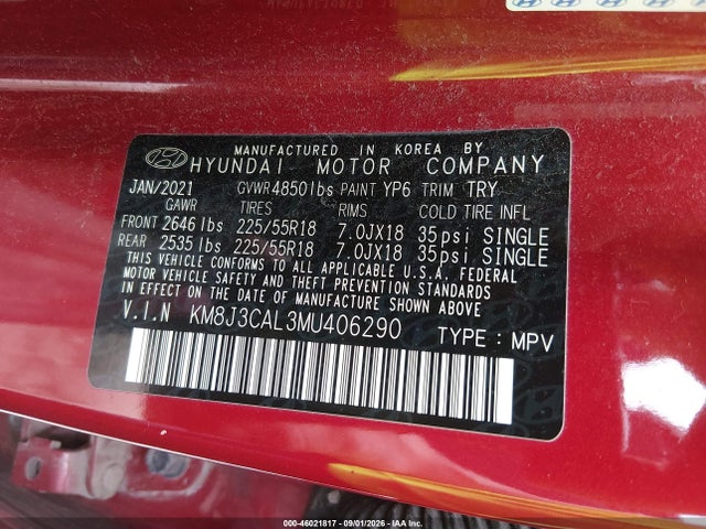 Продажа на аукционе авто 2021 Hyundai Tucson Sel, vin: KM8J3CAL3MU406290, номер лота: 46021817
