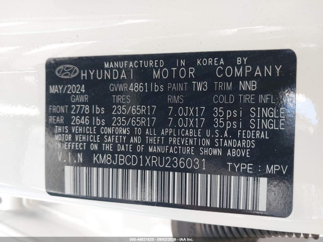 2024 Hyundai Tucson Hybrid Blue მანქანა იყიდება აუქციონზე, vin: KM8JBCD1XRU236031, აუქციონის ნომერი: 46021820