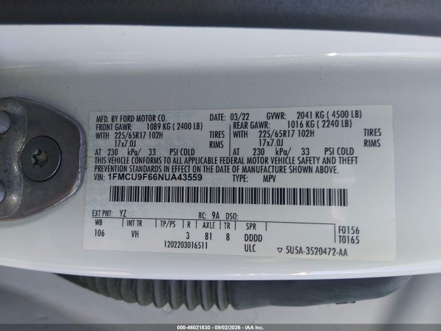46021830 :رقم المزاد ، 1FMCU9F66NUA43559 vin ، 2022 Ford Escape S مزاد بيع
