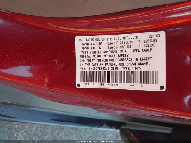 Продаж на аукціоні авто 2003 Honda Cr-v Ex, vin: SHSRD78833U113695, номер лоту: 46021833