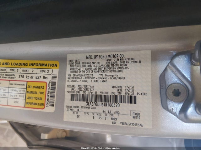 Продаж на аукціоні авто 2018 Ford Fusion Hybrid S, vin: 3FA6P0UU6JR100520, номер лоту: 46021835