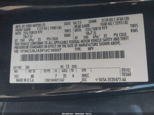 Auction sale of the 2015 Ford Escape Titanium, vin: 1FMCU9JX5FUC10057, lot number: 46021841