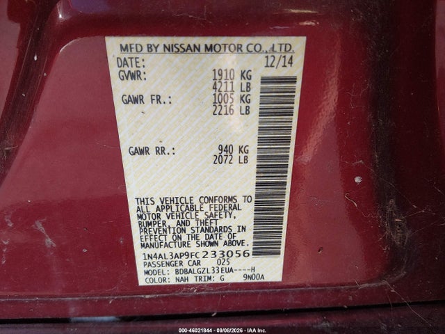 Aukcja sprzedaży 2015 Nissan Altima 2.5 S, vin: 1N4AL3AP9FC233056, numer aukcji: 46021844