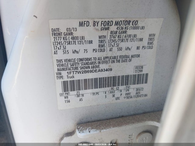 46021849 :رقم المزاد ، 1FT7W2B69DEA93409 vin ، 2013 Ford F-250 Xl مزاد بيع