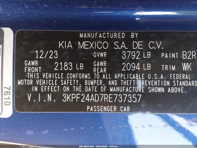 Aukcja sprzedaży 2024 Kia Forte Lxs, vin: 3KPF24AD7RE737357, numer aukcji: 46021859