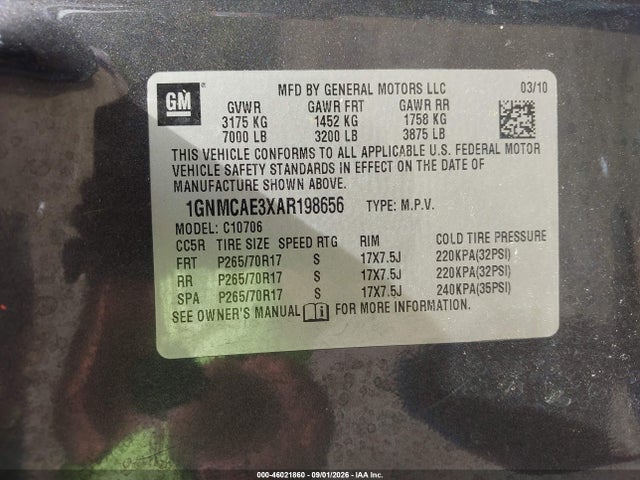 2010 Chevrolet Tahoe Ls მანქანა იყიდება აუქციონზე, vin: 1GNMCAE3XAR198656, აუქციონის ნომერი: 46021860