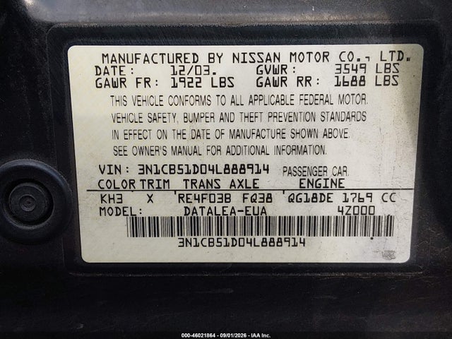 Продажа на аукционе авто 2004 Nissan Sentra 1.8s, vin: 3N1CB51D04L888914, номер лота: 46021864