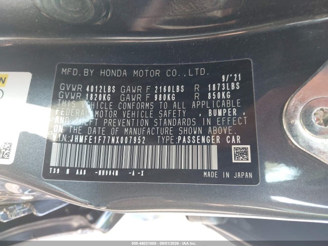 Aukcja sprzedaży 2022 Honda Civic Ex, vin: JHMFE1F77NX007952, numer aukcji: 46021888