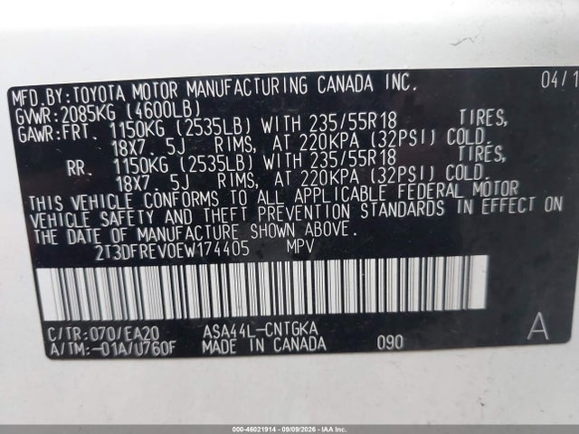 Aukcja sprzedaży 2014 Toyota Rav4 Limited, vin: 2T3DFREV0EW174405, numer aukcji: 46021914