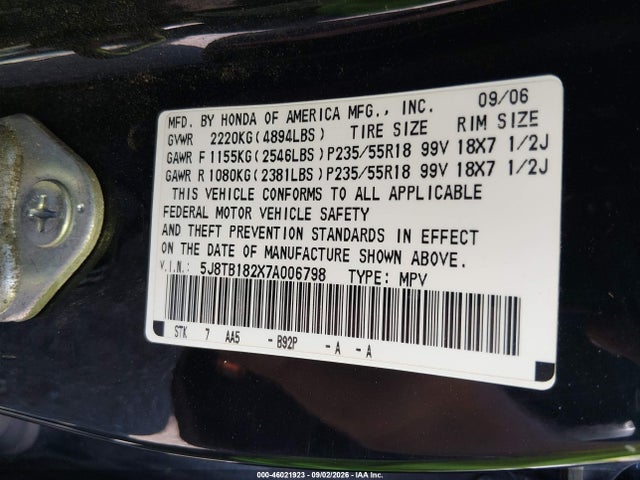 2007 Acura Rdx მანქანა იყიდება აუქციონზე, vin: 5J8TB182X7A006798, აუქციონის ნომერი: 46021923