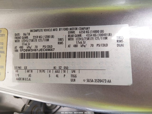 2018 Ford F-350 Chassis Xl მანქანა იყიდება აუქციონზე, vin: 1FD8W3H61JEC69667, აუქციონის ნომერი: 46021924