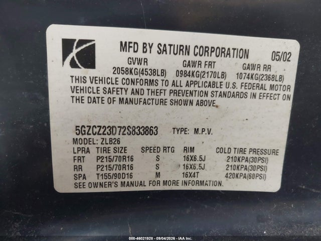 Продажа на аукционе авто 2002 Saturn Vue 4 Cyl, vin: 5GZCZ23D72S833863, номер лота: 46021928