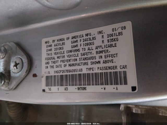 Aukcja sprzedaży 2009 Honda Accord 2.4 Ex, vin: 1HGCP26789A095148, numer aukcji: 46021933