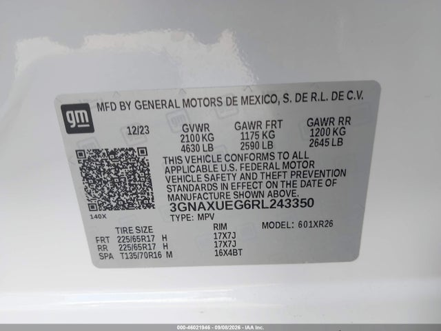 2024 Chevrolet Equinox Awd Lt მანქანა იყიდება აუქციონზე, vin: 3GNAXUEG6RL243350, აუქციონის ნომერი: 46021946
