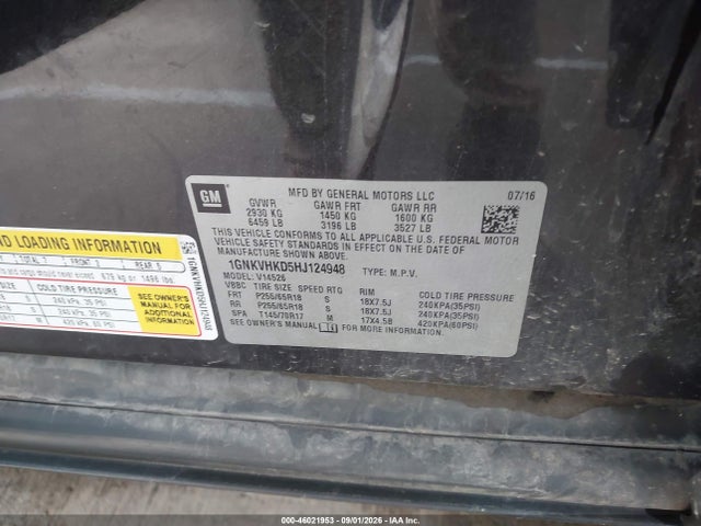 Aukcja sprzedaży 2017 Chevrolet Traverse Lt, vin: 1GNKVHKD5HJ124948, numer aukcji: 46021953