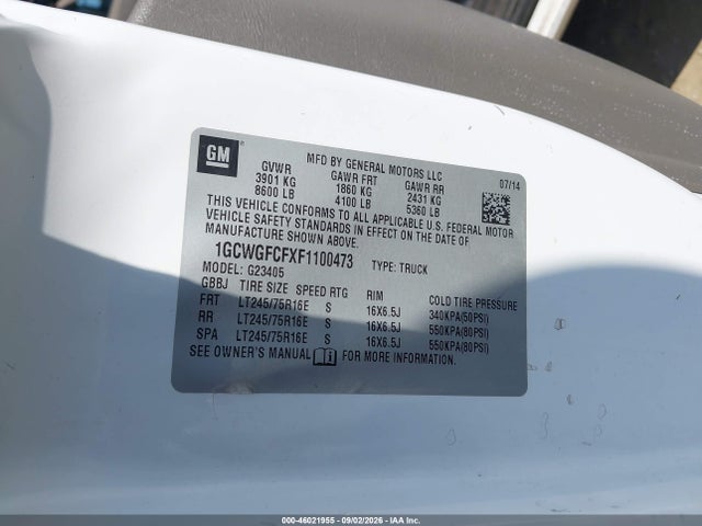 Продажа на аукционе авто 2015 Chevrolet Express 2500 Work Van, vin: 1GCWGFCFXF1100473, номер лота: 46021955